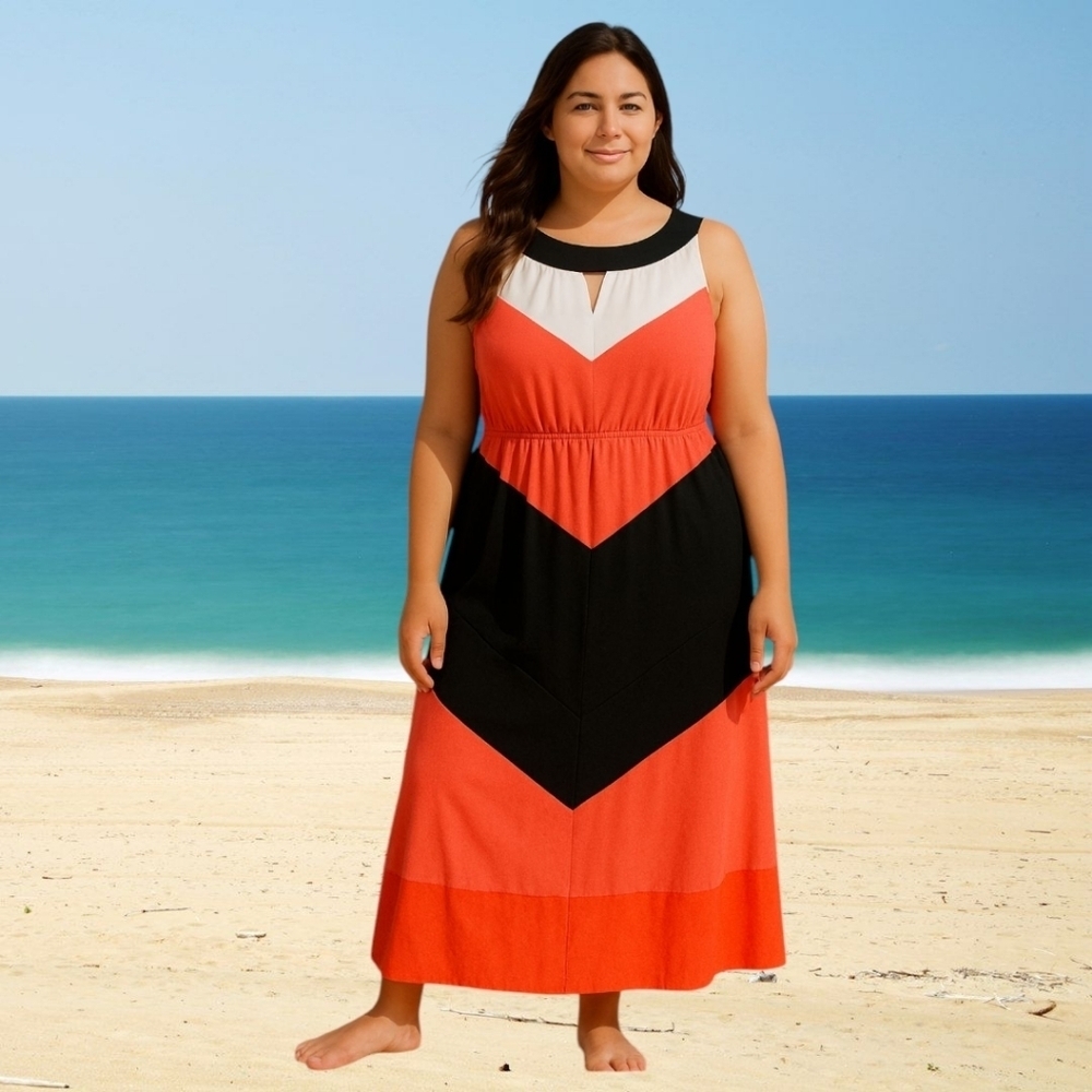 🩷 London Style Orange Color Block Maxi Dress Sz 1X